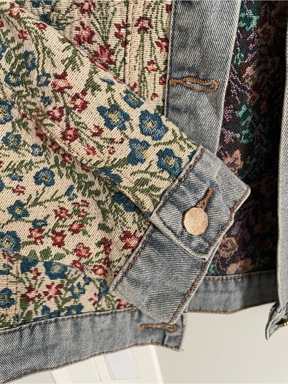Floral Jacquard Denim Jacket with Peter Pan collar Cottagecore Sz L XL - Picture 4 of 8